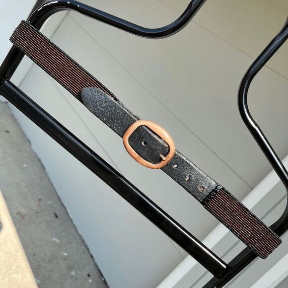 Vintage 1970s Full-grain Leather Bead Embellished Belt Unisex Solid Brass Buckle - Picture 2 of 10